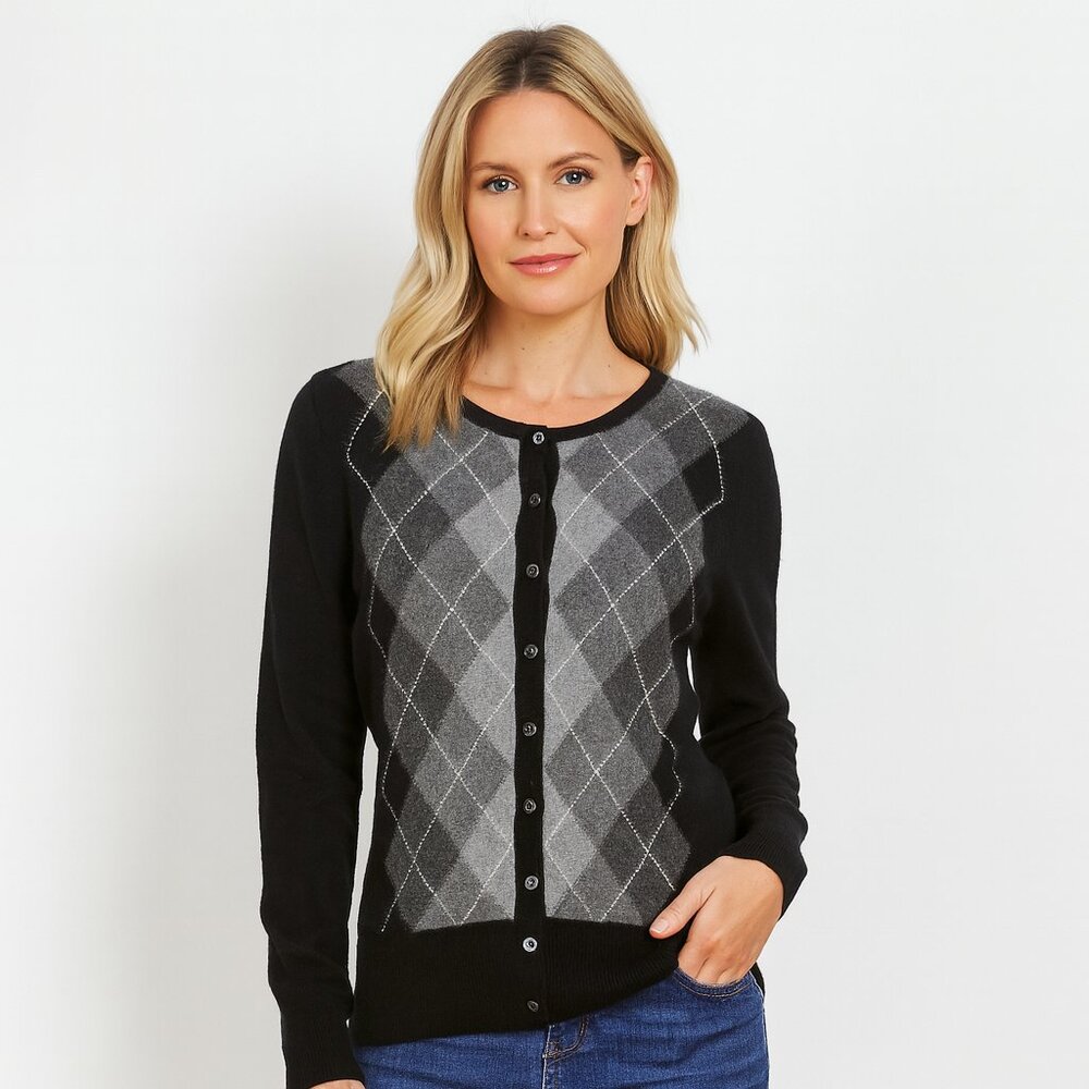 Gently Used 100% Cashmere Argyle Cardigan Sweater– Timeless Black & Gray Diamond